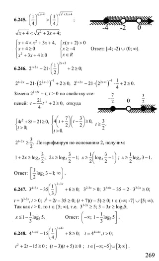 269
6.245.
2
4 3 4
1 1
;
4 4
x x x+ + +
⎛ ⎞ ⎛ ⎞
>⎜ ⎟ ⎜ ⎟
⎝ ⎠ ⎝ ⎠
2
4 3 4;x x x+ < + +
2
2
4 3 4,
4 0
3 4 0
x x x
x
x x
⎧ + < + +
⎪
+ ≥⎨
⎪ + + ≥⎩
( 2) 0
4
x x
x
x R
+ >⎧
⎪
≥ −⎨
⎪ ∈⎩
Ответ: [-4; -2) ∪ (0; ∞).
6.246.
2 3
1 2 1
2 21 2 0;
2
x
x
+
+ ⎛ ⎞
− ⋅ + ≥⎜ ⎟
⎝ ⎠
( ) ( )
1 11 2 2 3 1 2 2 1 1
2 21 2 2 0; 2 21 2 2 0.
4
x x x x− −+ + + +
− ⋅ + ≥ − ⋅ ⋅ + ≥
Замена 21+2х
= t, t > 0 по свойству сте-
пеней: 121
2 0,
4
t t−
− + ≥ откуда
2 7 3
4 0,4 8 21 0,
2 20;
0.
t tt t
t
t
⎧ ⎛ ⎞⎛ ⎞
+ − ≥⎪⎧ + − ≥ ⎜ ⎟⎜ ⎟
⎨ ⎨ ⎝ ⎠⎝ ⎠>⎩ ⎪ >⎩
3
.
2
t ≥
1 2 3
2 .
2
x+
≥ Логарифмируя по основанию 2, получим:
2 2 2
3 3 1 3
1 2 log ; 2 log 1; log 1
2 2 2 2
x x x
⎛ ⎞
+ ≥ ≥ − ≥ −⎜ ⎟
⎝ ⎠
; 2
1
log 3 1.
2
x ≥ −
Ответ: 2
1
log 3 1;
2
⎡ ⎞
− ∞⎟⎢
⎣ ⎠
.
6.247.
2 3
4 3 1
3 35 6 0;
3
x
x
−
− ⎛ ⎞
− + ≥⎜ ⎟
⎝ ⎠
32-3х
> 0; 36-6х
– 35 + 2 ⋅ 33-3х
≥ 0;
t = 33-3x
, t > 0; t2
+ 2t – 35 ≥ 0; (t + 7)(t – 5) ≥ 0; t ∈ (-∞; -7] ∪ [5; ∞).
Так как t > 0, то t ∈ [5; ∞), т.е. 33-3х
≥ 5; 3 – 3х ≥ log35;
3
1
1 log 5.
3
x ≤ − Ответ: 3
1
; 1 log 5
3
⎛ ⎤
−∞ −⎜ ⎥
⎝ ⎦
.
6.248.
3 4
5 4 1
4 15 8 0;
4
x
x
+
+ ⎛ ⎞
− + ≥⎜ ⎟
⎝ ⎠
4 4
4 , 0;x
t t=
= >
2
2 15 0t t+ − ≥ ; ( 3)( 5) 0t t− + ≥ ; ( ] [ ); 5 3;t ∈ −∞ − ∪ ∞ .
-2-4 0
0
7
2
−
3
2
Сайт егэурок (egeurok.ru)
 
