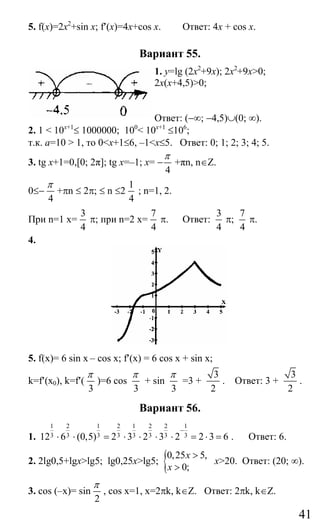 41
5. f(x)=2x2
+sin x; f′(x)=4x+cos x. Ответ: 4х + cos x.
Вариант 55.
1. y=lg (2x2
+9x); 2x2
+9x>0;
2x(x+4,5)>0;
Ответ: (−∞; −4,5)∪(0; ∞).
2. 1 < 10x+1
≤ 1000000; 100
< 10x+1
≤106
;
т.к. a=10 > 1, то 0<x+1≤6, –1<x≤5. Ответ: 0; 1; 2; 3; 4; 5.
3. tg x+1=0,[0; 2π]; tg x=–1; x=
4
π
− +πn, n∈Z.
0≤−
4
π
+πn ≤ 2π; ≤ n ≤2
1
4
; n=1, 2.
При n=1 x=
3
4
π; при n=2 x=
7
4
π. Ответ:
3
4
π;
7
4
π.
4.
5. f(x)= 6 sin x – cos x; f′(x) = 6 cos x + sin x;
k=f′(x0), k=f′(
3
π
)=6 cos
3
π
+ sin
3
π
=3 +
3
2
. Ответ: 3 +
3
2
.
Вариант 56.
1.
1 2 1 2 1 2 2 1
3 3 3 3 3 3 3 312 6 (0,5) 2 3 2 3 2 2 3 6
−
⋅ ⋅ = ⋅ ⋅ ⋅ ⋅ = ⋅ = . Ответ: 6.
2. 2lg0,5+lgx>lg5; lg0,25x>lg5; {0,25 5,
0;
x
x
>
>
x>20. Ответ: (20; ∞).
3. cos (–x)= sin
2
π
, cos x=1, x=2πk, k∈Z. Ответ: 2πk, k∈Z.
Сайт егэурок (egeurok.ru)
 