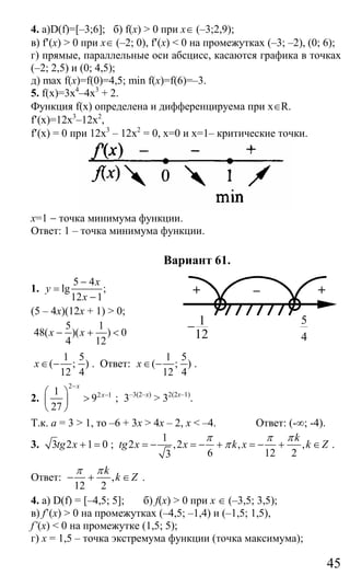 45
4. а)D(f)=[–3;6]; б) f(x) > 0 при x∈ (–3;2,9);
в) f′(x) > 0 при x∈ (–2; 0), f′(x) < 0 на промежутках (–3; –2), (0; 6);
г) прямые, параллельные оси абсцисс, касаются графика в точках
(–2; 2,5) и (0; 4,5);
д) mах f(x)=f(0)=4,5; min f(x)=f(6)=–3.
5. f(x)=3х4
–4x3
+ 2.
Функция f(x) определена и дифференцируема при x∈R.
f′(x)=12x3
–12x2
,
f′(x) = 0 при 12x3
– 12x2
= 0, x=0 и x=1– критические точки.
x=1 − точка минимума функции.
Ответ: 1 – точка минимума функции.
Вариант 61.
1.
5 4
lg ;
12 1
x
y
x
−
=
−
(5 – 4x)(12x + 1) > 0;
5 1
48( )( ) 0
4 12
x x− + <
1 5
( ; )
12 4
x∈ − . Ответ:
1 5
( ; )
12 4
x∈ − .
2.
2
2 11
9
27
x
x
−
−⎛ ⎞
>⎜ ⎟
⎝ ⎠
; 3–3(2–х)
> 32(2х–1)
.
Т.к. а = 3 > 1, то –6 + 3х > 4х – 2, х < –4. Ответ: (-∞; -4).
3. 3 2 1 0tg x + = ;
1
2 ,2 , ,
6 12 23
k
tg x x k x k Z
π π π
π= − = − + = − + ∈ .
Ответ: ,
12 2
k
k Z
π π
− + ∈ .
4. а) D(f) = [–4,5; 5]; б) f(x) > 0 при x ∈ (–3,5; 3,5);
в) f’(x) > 0 на промежутках (–4,5; –1,4) и (–1,5; 1,5),
f’(x) < 0 на промежутке (1,5; 5);
г) х = 1,5 – точка экстремума функции (точка максимума);
++ –
1
12
− 5
4
Сайт егэурок (egeurok.ru)
 