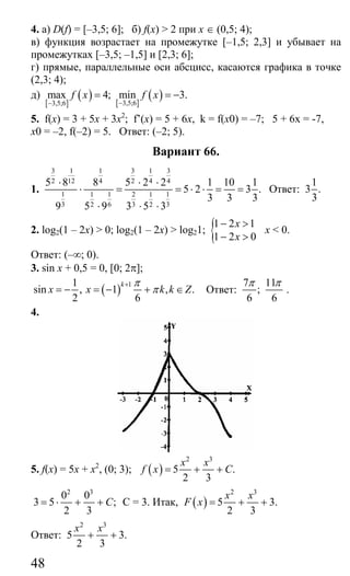 48
4. а) D(f) = [–3,5; 6]; б) f(x) > 2 при х ∈ (0,5; 4);
в) функция возрастает на промежутке [–1,5; 2,3] и убывает на
промежутках [–3,5; –1,5] и [2,3; 6];
г) прямые, параллельные оси абсцисс, касаются графика в точке
(2,3; 4);
д)
[ ]
( ) [ ]
( )3,5;63,5;6
max 4; min 3.f x f x
−−
= = −
5. f(x) = 3 + 5x + 3x2
; f’(x) = 5 + 6x, k = f(x0) = –7; 5 + 6x = -7,
x0 = –2, f(–2) = 5. Ответ: (–2; 5).
Вариант 66.
1.
3 1 1 3 1 3
2 12 4 2 4 4
1 1 2 11 1
3 6 3 32 2
5 8 8 5 2 2 1 10 1
5 2 3 .
3 3 3
9 5 9 3 5 3
⋅ ⋅ ⋅
⋅ = = ⋅ ⋅ = =
⋅ ⋅ ⋅
Ответ:
1
3 .
3
2. log2(1 – 2x) > 0; log2(1 – 2x) > log21; {1 2 1
1 2 0
x
x
− >
− >
x < 0.
Ответ: (–∞; 0).
3. sin x + 0,5 = 0, [0; 2π];
( )
11
sin , 1 , .
2 6
k
x x k k Z
π
π
+
= − = − + ∈ Ответ:
7 11
;
6 6
π π
.
4.
5. f(x) = 5x + x2
, (0; 3); ( )
2 3
5 .
2 3
x x
f x C= + +
2 3
0 0
3 5 ;
2 3
C= ⋅ + + C = 3. Итак, ( )
2 3
5 3.
2 3
x x
F x = + +
Ответ:
2 3
5 3.
2 3
x x
+ +
Сайт егэурок (egeurok.ru)
 