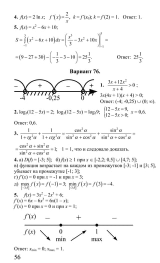 56
4. f(x) = 2 ln x; ( )
2
' ,f x
x
= k = f’(x0); k = f’(2) = 1. Ответ: 1.
5. f(x) = x2
– 6x + 10;
( )
3
33
2 2
1 1
6 10 3 10
3
x
S x x dx x x
− −
⎛ ⎞
= − + = − + =⎜ ⎟
⎝ ⎠
∫
( )
1 1
9 27 30 3 10 25 .
3 3
⎛ ⎞
= − + − − − − =⎜ ⎟
⎝ ⎠
Ответ:
1
25 .
3
Вариант 76.
1.
2
3 12
0
4
x x
x
+
>
+
;
3х(4х + 1)(х + 4) > 0;
Ответ: (-4; -0,25) ∪ (0; ∞).
2. log3(12 – 5x) = 2; log3(12 – 5x) = log39; {12 5 9,
12 5 0;
x
x
− =
− >
x = 0,6.
Ответ: 0,6.
3.
2 2
2 2 2 2 2 2
1 1 cos sin
1 1 sin cos sin costg ctg
α α
α α α α α α
+ = + =
+ + + +
2 2
2 2
cos sin
1;
sin cos
α α
α α
+
= =
+
1 = 1, что и следовало доказать.
4. а) D(f) = [-3; 5]; б) f(x) ≥ 1 при х ∈ [-2,2; 0,5] ∪ [4,7; 5];
в) функция возрастает на каждом из промежутков [-3; -1] и [3; 5],
убывает на промежутке [-1; 3];
г) f’(x) = 0 при х = -1 и при х = 3;
д)
[ ]
( ) ( ) [ ]
( ) ( )-3;53;5
max 1 3; min 3 4.f x f f x f
−
= − = = = −
5. f(x) = 3x2
– 2x3
+ 6;
f’(x) = 6x – 6x2
= 6x(1 – x);
f’(x) = 0 при х = 0 и при х = 1;
Ответ: xmin = 0; xmax = 1.
f’(x)
f (x)
– + –
0
min
1
max
– + – +
-0,25 0-4
Сайт егэурок (egeurok.ru)
 