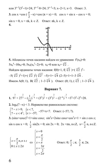 6
или 3х−2
(32
−1)=24; 3х−2
⋅8=24; 3х−2
=3; х−2=1; х=3. Ответ: 3.
3. cos х +cos (
2
π
−х) +cos (π + х) = 0; cos х + sin х − cos х = 0;
sin х = 0, х = πk, k ∈ Ζ. Ответ: πk, k ∈ Ζ.
4.
5. Абсциссы точек касания найдем из уравнения f′(x0)=0:
5х0
4
−10х0=0; 5х0(х0
3
−2)=0; х0=0 или х0= 3
2 .
Найдем ординаты точек касания: f(0)=1, f( 3
2 )=( 3
2 )5
−
–5( 3
2 )2
+1)=( 3
2 )2
( 3 3
2 −5)+1= 3
4 (2−5)+1=1−3 3
4 .
Имеем А(0; 1), В( 3
2 ; 1−3 3
4 ). Ответ: (0; 1), ( 3
2 ; 1−3 3
4 ).
Вариант 7.
1.
3
29 +
2
327 −
3
4
1
( )
16
−
=
3
2 2(3 ) +
2
3 3(3 ) −
3
4 4(2 )
−
−
=33
+32
−23
=28.
2. log4(7 −х) < 3. Неравенство равносильно системе:
3
7 0,
7 4 ;
x
x
− >⎧
⎨
− <⎩
{ 7,
57;
x
x
<
> −
−57<x<7. Ответ: (−57; 7).
3. (sinх+cosх)2
=1+sinx cosx; sin2
x+2sinx cosx+cos2
х=1 + sin х cos х;
sin х cos х = 0;
1
2
sin2x = 0; sin 2x = 0; 2х =πn, n∈Z, x=
2
π
n, n∈Z.
,
2
0 2
х n n z
x
π
π
⎧
⎪ = ∋
⎨
⎪ ≤ ≤⎩
⇔
0
2
3
2
2
x
x
x
x
x
π
π
π
π
=⎧
⎪
=⎪
⎪⎪
=⎨
⎪
=⎪
⎪
=⎪⎩
Ответ: 0;
2
π
; π;
3
2
π; 2π.
Сайт егэурок (egeurok.ru)
 