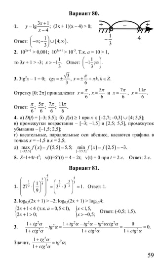 59
Вариант 80.
1.
3 1
lg ;
4
x
y
x
+
=
−
(3х + 1)(х – 4) > 0;
Ответ: ( )
1
; 4; .
3
⎛ ⎞
−∞ − ∪ ∞⎜ ⎟
⎝ ⎠
2. 103х+1
> 0,001; 103х+1
> 10-3
. Т.к. а = 10 > 1,
то 3х + 1 > -3;
1
1 .
3
x > − Ответ:
1
1 ; .
3
⎛ ⎞
− ∞⎜ ⎟
⎝ ⎠
3. 3tg2
x – 1 = 0;
3
, , .
3 6
tgx x k k Z
π
π= ± = ± + ∈
Отрезку [0; 2π] принадлежат
5
,
6 6
x x
π π
= = и
7
6
x
π
= ,
11
.
6
x
π
=
Ответ:
5 7 11
; ; ; .
6 6 6 6
π π π π
4. а) D(f) = [–3; 5,5]; б) f(x) ≥ 1 при х ∈ [–2,7; –0,3] ∪ [4; 5,5];
в) промежутки возрастания – [–3; –1,5] и [2,5; 5,5], промежуток
убывания – [–1,5; 2,5];
г) касательные, параллельные оси абсцисс, касаются графика в
точках х = –1,5 и х = 2,5;
д) ( ) ( )[ 3;5,5]
max 5,5 5,5;f x f
−
= = ( ) ( )[ 3;5,5]
min 2,5 3.f x f
−
= = −
5. S=1+4t–t2
; v(t)=S’(t) = 4 – 2t; v(t) = 0 при t = 2 c. Ответ: 2 с.
Вариант 81.
1.
4
43 31 3 3 34
2 2 2
1
27 3 3 1.
9
−
⎛ ⎞ ⎛ ⎞⎛ ⎞⎜ ⎟⋅ = ⋅ =⎜ ⎟⎜ ⎟ ⎜ ⎟⎜ ⎟⎝ ⎠⎜ ⎟ ⎝ ⎠⎝ ⎠
Ответ: 1.
2. log0,5(2x + 1) > –2; log0,5(2x + 1) > log0,54;
{2 1 4 ( 0,5 1),
2 1 0;
x a
x
+ < = <
+ >
т.к.
{ 1,5,
0,5;
x
x
<
> −
Ответ: (-0,5; 1,5).
3.
2 2 2 2 2
2
2 2 2
1 1 0
0.
1 1 1
tg tg tg tg ctg
tg
ctg ctg ctg
α α α α α
α
α α α
+ + − −
− = = =
+ + +
Значит,
2
2
2
1
;
1
tg
tg
ctg
α
α
α
+
=
+
+ – +
3
1
− 4
Сайт егэурок (egeurok.ru)
 