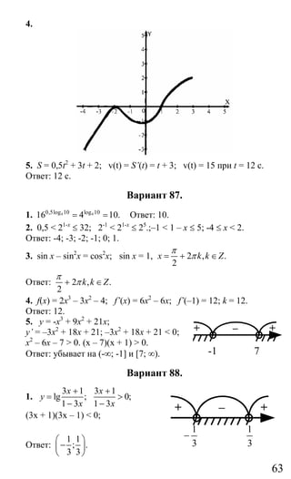 63
4.
5. S = 0,5t2
+ 3t + 2; v(t) = S’(t) = t + 3; v(t) = 15 при t = 12 с.
Ответ: 12 с.
Вариант 87.
1. 4 40,5log 10 log 10
16 4 10.= = Ответ: 10.
2. 0,5 < 21-x
≤ 32; 2-1
< 21-x
≤ 25
.;–1 < 1 – х ≤ 5; -4 ≤ х < 2.
Ответ: -4; -3; -2; -1; 0; 1.
3. sin x – sin2
x = cos2
x; sin x = 1, 2 , .
2
x k k Z
π
π= + ∈
Ответ: 2 , .
2
k k Z
π
π+ ∈
4. f(x) = 2x3
– 3x2
– 4; f’(x) = 6x2
– 6x; f’(–1) = 12; k = 12.
Ответ: 12.
5. у = -х3
+ 9х2
+ 21х;
y’ = –3x2
+ 18x + 21; –3x2
+ 18x + 21 < 0;
x2
– 6x – 7 > 0. (х – 7)(х + 1) > 0.
Ответ: убывает на (-∞; -1] и [7; ∞).
Вариант 88.
1.
3 1
lg ;
1 3
x
y
x
+
=
−
3 1
0;
1 3
x
x
+
>
−
(3х + 1)(3х – 1) < 0;
Ответ:
1 1
; .
3 3
⎛ ⎞
−⎜ ⎟
⎝ ⎠
+ – +
7-1
+ – +
3
1
−
3
1
Сайт егэурок (egeurok.ru)
 