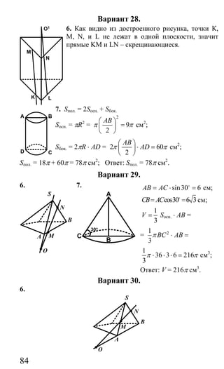 84
Вариант 28.
6. Как видно из достроенного рисунка, точки К,
М, N, и L не лежат в одной плоскости, значит
прямые KM и LN – скрещивающиеся.
7. Sпол. = 2Sосн. + Sбок.
Sосн. = πR2
=
2
9
2
AB
π π
⎛ ⎞
=⎜ ⎟
⎝ ⎠
см2
;
Sбок. = 2πR ⋅ AD = 2 60
2
AB
ADπ π
⎛ ⎞
⋅ =⎜ ⎟
⎝ ⎠
см2
;
Sпол. = 18π + 60π = 78π см2
; Ответ: Sпол. = 78π см2
.
Вариант 29.
6.
S
N
B
A M
O
7.
A
B
C
30o
sin30 6AB AC= ⋅ =o
см;
cos30 6 3CB AC= =o
см;
1
3
V = Sосн. ⋅ АВ =
= 21
3
BC ABπ ⋅ =
1
36 3 6 216
3
π π⋅ ⋅ ⋅ = см3
;
Ответ: V = 216π см3
.
Вариант 30.
6.
S
N
B
A
M
O
A B
D C
N
M
LK
O1
Сайт егэурок (egeurok.ru)
 