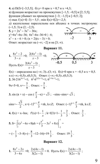9
4. a) D(f)=[−3;5,5]; б) у= 0 при x = 0,7 и x =4,3;
в) функция возрастает на промежутках [−1,5; −0,5] и [2; 5,5];
функция убывает на промежутках [−3; −1,5] и [−0,5; 2];
г) max f{x)=f(−3) = 5,5 ; min f(x)=f(2)=−2,5;
д) касательные параллельны оси абсцисс в точках экстремума:
(−1,5; 3) и (2; −2,5).
5. у = 2x3
− 3x2
− 36x;
y′=6x2
−6x−36; 6x2
−6x−36>0 | : 6;
x2
− x − 6 > 0; (x + 2)(x − 3) > 0;
Ответ: возрастает на (−∞; −2] и на [3; ∞).
Вариант 11.
1.
2
8 2
3
x
x
−
−
>0;
2
2(4 1)
3
x
x
−
−
<0.
Пусть f(x)=
2
2(4 1)
3
x
x
−
−
;
f(x) − определена на (−∞; 3)∪(3; ∞). f(x)=0 при x = −0,5 и x = 0,5.
x∈(−∞;−0,5)∪(0,5;3). Ответ: (−∞;−0,5)∪(0,5;3).
2. 36⋅2163х+1
=1; 62
⋅63(3х+1)
=1; 62+9х+3
=1;
9х+5=0, х=−
5
9
. Ответ: −
5
9
.
3. sin (π + x) − cos (
2
π
−x) = 3 ; −sinx−sinx= 3 ;
sinx=−
3
2
, x=(−1)k+1
3
π
+πk, k∈Z; Ответ: (−1)k+1
3
π
+πk, k∈Z.
4. f(х) = x−lnx; f′(x)=1−
1
x
; k=f(3)=1−
1
3
=
2
3
. Ответ:
2
3
.
5. S=
1
2
2
( 6 8)x x dx
−
−
− +∫ =
13
2
2
( 3 8 )
3
x
x x
−
−
− + =
= (−
1
3
−3−8)−(−
8
3
−12−16)=19
1
3
. Ответ: 19
1
3
.
Вариант 12.
1.
2
8 2
3 6
x x
x
−
−
>0;
2 (4 1)
3(2 1)
x x
x
−
−
< 0. Пусть f(x) =
2 (4 1)
3(2 1)
x x
x
−
−
;
Сайт егэурок (egeurok.ru)
 