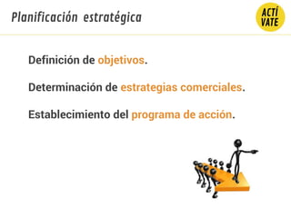 Definición de objetivos.
Determinación de estrategias comerciales.
Establecimiento del programa de acción.
Planificación estratégica
 