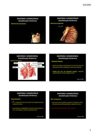 8/2/2009
2
ANATOMIA E BIOMECÂNICA
(Estabilização Dinâmica)
Movimentos escapulares
ANATOMIA E BIOMECÂNICA
(Estabilização Dinâmica)
Músculos escapulares
ANATOMIA E BIOMECÂNICA
(Estabilização Dinâmica)
Músculos escapulares
Levantador da escápula
Rombóide menor
Rombóide maior
Trapézio
Deltóide
ANATOMIA E BIOMECÂNICA
(Estabilização Dinâmica)
Manguito Rotador:
o Centro da cabeça umeral desvia 0,3 mm do centro da
glenóide durante a abdução no plano da escápula
o Fadiga dos mm. do manguito rotador: migração
superior de 2,5 mm da cabeça umeral
Hayes et al, 2002
ANATOMIA E BIOMECÂNICA
(Estabilização Dinâmica)
Bíceps Braquial :
o a compressão da GU através do rebaixamento da
cabeça do úmero
o contribui para estabilidade do ombro tanto quanto os
mm. do manguito rotador individualmente
Hayes et al, 2002
ANATOMIA E BIOMECÂNICA
(Estabilização Dinâmica)
Mm. Escapulares:
o Sincronia entre rotação escapular e elevação umeral:
alinhamento da fossa glenóide e cabeça do úmero
o Estabilidade da escápula = plano seguro
Hayes et al, 2002
 