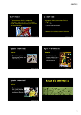 8/2/2009
5
O arremesso:
• É um movimento balístico do membro
superior, no qual o seu centro de massa ou
objeto externo é propelido para fora do centro
de massa do corpo.
(Ejnisman et al., 2001)
O arremesso:
• Apresenta características específicas em
relação à:
– intensidade
– frequencia dos movimentos
• Predispões a lesões da estrutura do ombro
(Ejnisman et al., 2001)
Tipos de arremesso:
• Inferior:
– Caracteriza-se por um
movimento de superior para
inferior do braço.
(Ejnisman et al., 2001)
Tipos de arremesso:
• Superior:
– Caracteriza-se pela
rotação do úmero com o
membro superior em
qualquer posição
(Ejnisman et al., 2001)
Tipos de arremesso:
• Lateral:
– É caracterizado não
pela ação do ombro e
sim pela limitação dos
movimentos (abdução)
(Ejnisman et al., 2001)
Fases do arremesso
 