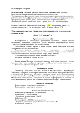 Виды и формы контроля
Виды контроля: стартовый, текущий, тематический, промежуточный, итоговый
(мониторинги образовательной деятельности по результатам года).
Формы контроля: фронтальный опрос, индивидуальная работа у доски, индивидуальная
работа по карточкам, дифференцированная самостоятельная работа, дифференцированная
проверочная работа, диктант, тесты, в том числе с компьютерной поддержкой,
теоретические зачеты, контрольная работа в форме теста или в текстовой форме .
В рабочей программе предусмотрено проведение 3-х контрольных работ в 10
классе в форме теста и 2-х контрольных работ 11 классе в форме ЕГЭ.
Содержание программы с внесенными изменениями и региональным
компонентом.
Химия 10-11 классы (70 ч)
Органическая химия (33)
Классификация и номенклатура органических соединений. Теория строения
органических соединений. Углеродный скелет. Радикалы. Функциональные группы
.Гомологический ряд. Гомологи. Структурная изомерия.
Углеводороды: алканы, алкены и диены, алкины, арены. Природные источники
углеводородов: нефть и природный газ.
Химические свойства основных классов органических соединений.
Кислородсодержащие соединения: одно и многоатомные спирты, фенол, альдегиды,
одноосновные карбоновые кислоты, сложные эфиры., жиры, углеводы.
Азотсодержащие соединения: амины, аминокислоты, белки.
Полимеры: пластмассы, каучуки, волокна.
Демонстрации Примеры углеводородов в разных агрегатных состояниях ( пропан-
бутановая смесь в зажигалке, бензин. парафин, асфальт).Получение этилена и ацетилена.
Качественные реакции на кратные связи.
Лабораторные опыты
Знакомство с образцами пластмасс, волокон и каучуков (работа с коллекциями).
Знакомство с образцами природных углеводородов и продуктами их переработки (работа
с коллекциями). Знакомство с образцами пищевых, косметических, биологических и
медицинских золей и гелей. Изготовление моделей молекул органических соединений.
Обнаружение непредельных соединений в жидких нефтепродуктах и растительном
масле. Качественные реакции на альдегиды, многоатомные спирты, крахмал и белки.
Практические работы
Идентификация органических соединений.
Распознавание пластмасс и волокон.
Региональный компонент (РК)
Важнейшие углеводороды, их применение
Применение в РК полиэтилена
Применение непредельных УВ в РК
Нефтесинтез РК
Сыктывкарский ЛВЗ; Применение спиртов
Получение, применение уксусной кислоты и др.кислот в РК
Нахождение жиров в РК
 