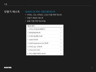 1-2
NHN의 OS 버전, 단말기별 테스트
• HTML, CSS, HTML5, CSS3 지원 여부 테스트
• 단말기 해상도 테스트
• 글꼴 지원 여부 테스트등
 