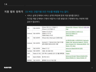 1-4
OS 버전, 단말기별 모든 이슈를 해결할 수는 없다.
• 서비스 설계 단계에서 서비스 성격과 특징에 맞게 지원 범위를 정하고
마크업 개발 단계에서 구현이 어렵거나 다른 방법으로 구현해야 하는 부분에 대한
공유가 필요하다.
 