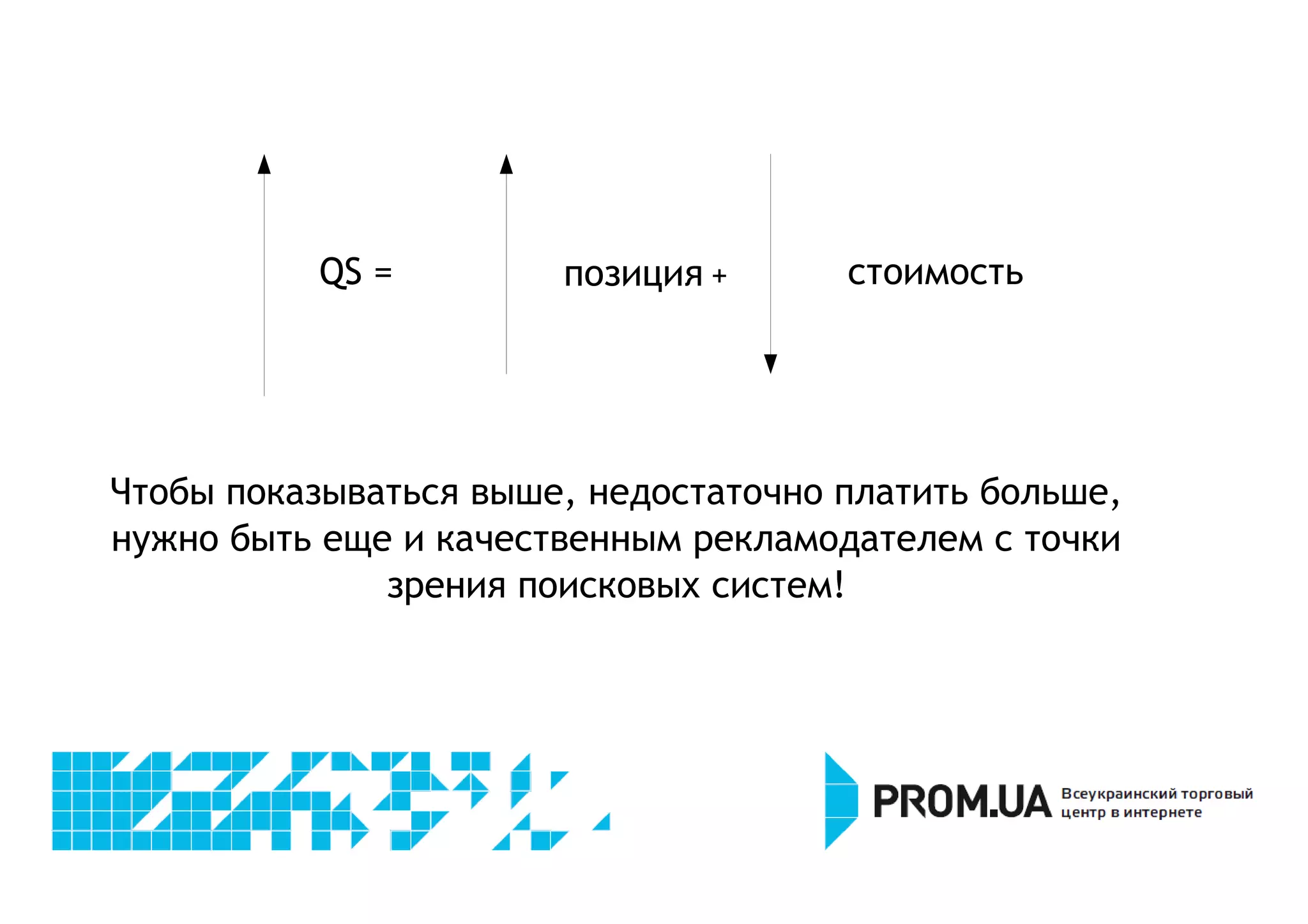 QS = позиция + стоимость 
Чтобы показываться выше, недостаточно платить больше, 
нужно быть еще и качественным рекламодателем с точки 
зрения поисковых систем! 
 