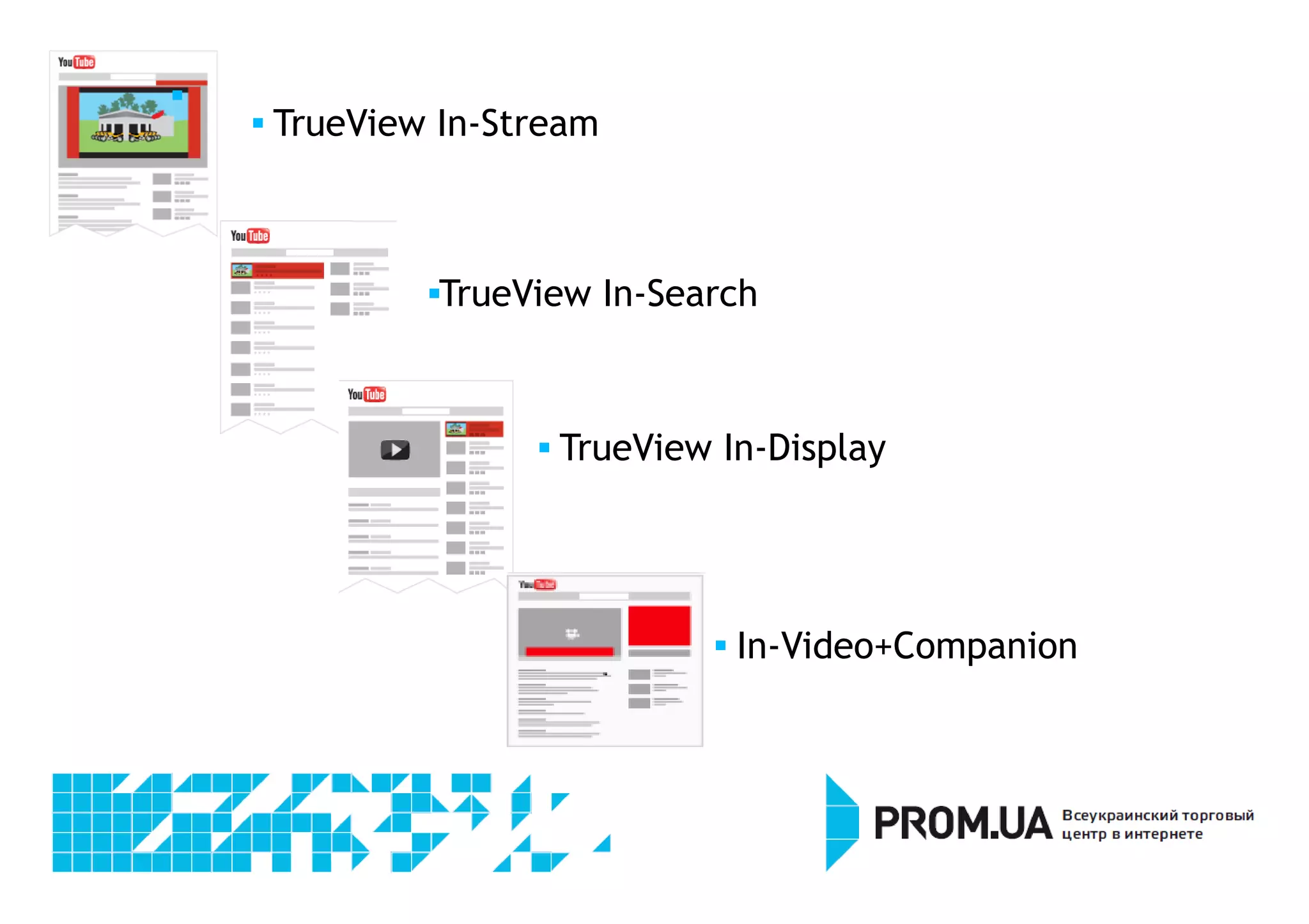  
TrueView In-Search 
 TrueView In-Display 
 In-Video+Companion 
 TrueView In-Stream 
 