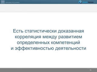Есть статистически доказанная 
корреляция между развитием 
определенных компетенций 
и эффективностью деятельности 
© 2012 Zenger Folkman 
15 
 