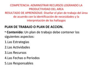 COMPETENCIA: ADMINISTRAR RECURSOS LOGRANDO LA 
PRODUCTIVIDAD DEL AREA 
RESULTADO DE APRENDIZAJE: Diseñar el plan de trabajo del área 
de acuerdo con la identificación de necesidades y la 
interpretación de los hallazgos 
PLAN DE TRABAJO O PLAN DE ACCION. 
• Contenido: Un plan de trabajo debe contener los 
siguientes aspectos: 
1.Las Estrategias 
2.Las Actividades 
3.Los Recursos 
4.Las Fechas o Periodos 
5.Los Responsables 
 