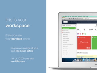 this is your 
workspace 
it lets you see 
your car data online 
so you can manage all your 
cars like never before 
10, or 10 000 cars with 
no difference 
 