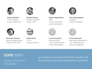 Alexander Sokolov 
data exchange protocols 
10 years in HW & SW 
strong combination 
of expertise 
good balance in technical (HW & SW) expertise with 
strong hands on-business development experience 
core team 
Rustem Kamun 
backend / frontend 
5 years in SW 
Andrey Voloshin 
CTO & hardware 
6 years in SW & HW 
Vadim Kotov 
UI / UX 
5 years in SW & UI 
Yana Chshyogoleva 
marketing 
5 years in marketing 
Ruslan Yegembayev 
CEO 
13 yrs in investment 
and biz development 
to be announced 
technical service 
10 yrs in GPS business, 
system administration 
to be announced 
sales and biz development 
7 yrs in B2B sales and 
financial management 
 