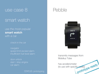 use case 8 
smart watch 
use the most popular 
smart watch 
with a car 
check-in the car 
navigator 
speed limit exceed alarm 
insufficient fuel level alarm 
door unlock 
start / stop engine 
car alarm 
Pebble 
transmits messages from 
Mobiliuz Tube 
has accelerometer 
(to use with specific cases) 
STATUS: prototyping 
prototype ready 
 