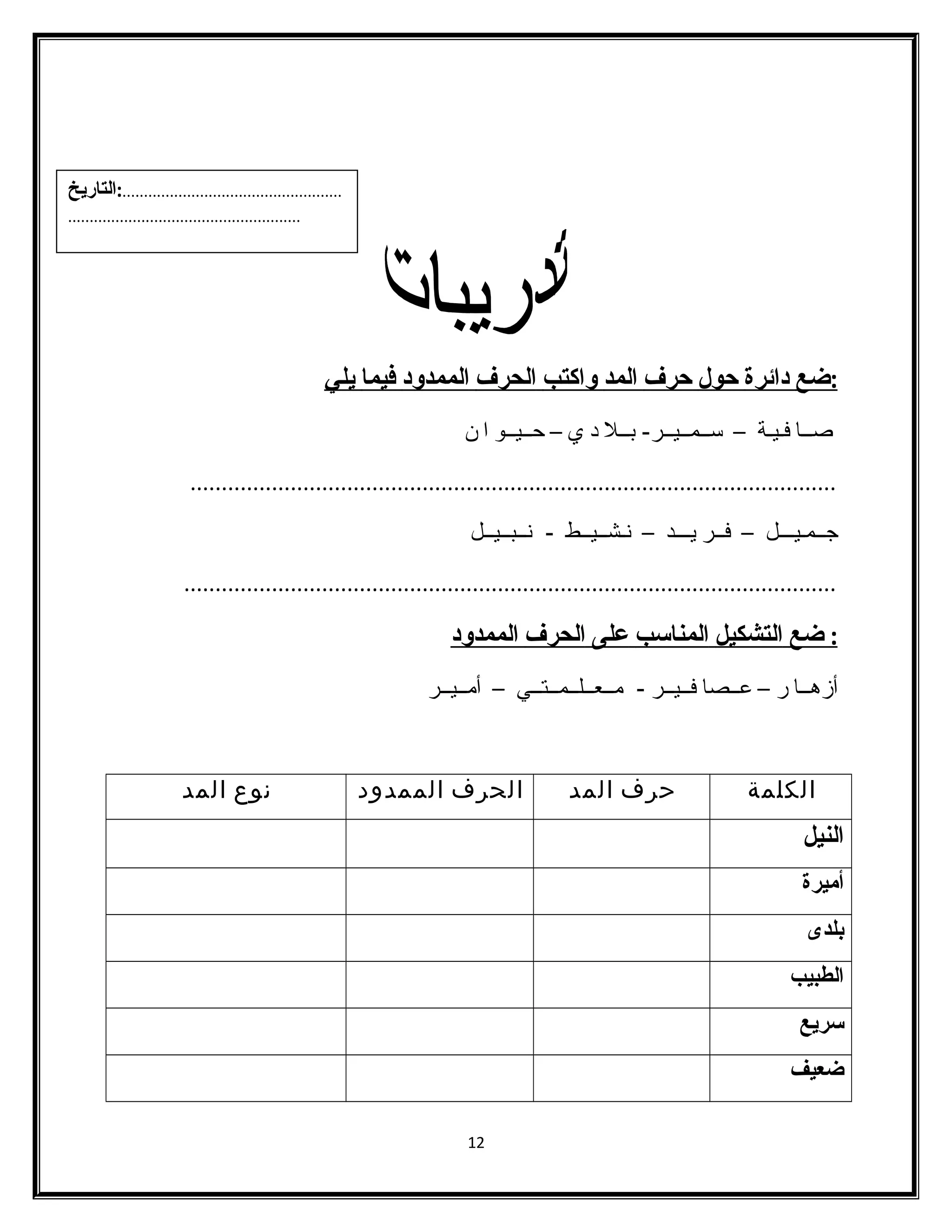 : ضع دائرة حول حرف ا لمد واكتب ا لحرف ا لممدود فيما ي لي 
صــا فـيـة – ســمــيــر- بــل د ي – حــيــو ا ن 
....................................................................................................... 
جــمـيـــل – فــر يـــد – نـشــيــط - نــبــيــل 
........................................................................................................ 
: ضع ا لتشكيل ا لمناسب على ا لحرف ا لممدود 
أزهــا ر – عــصا فــيــر - مــعــلــمــتــي – أمــيــر 
الكلمة حرف المد الحرف الممدود نوع المد 
النيل 
أميرة 
بلدى 
الطبيب 
سريع 
ضعيف 
12 
...................................................:التاريخ 
...................................................... 
 