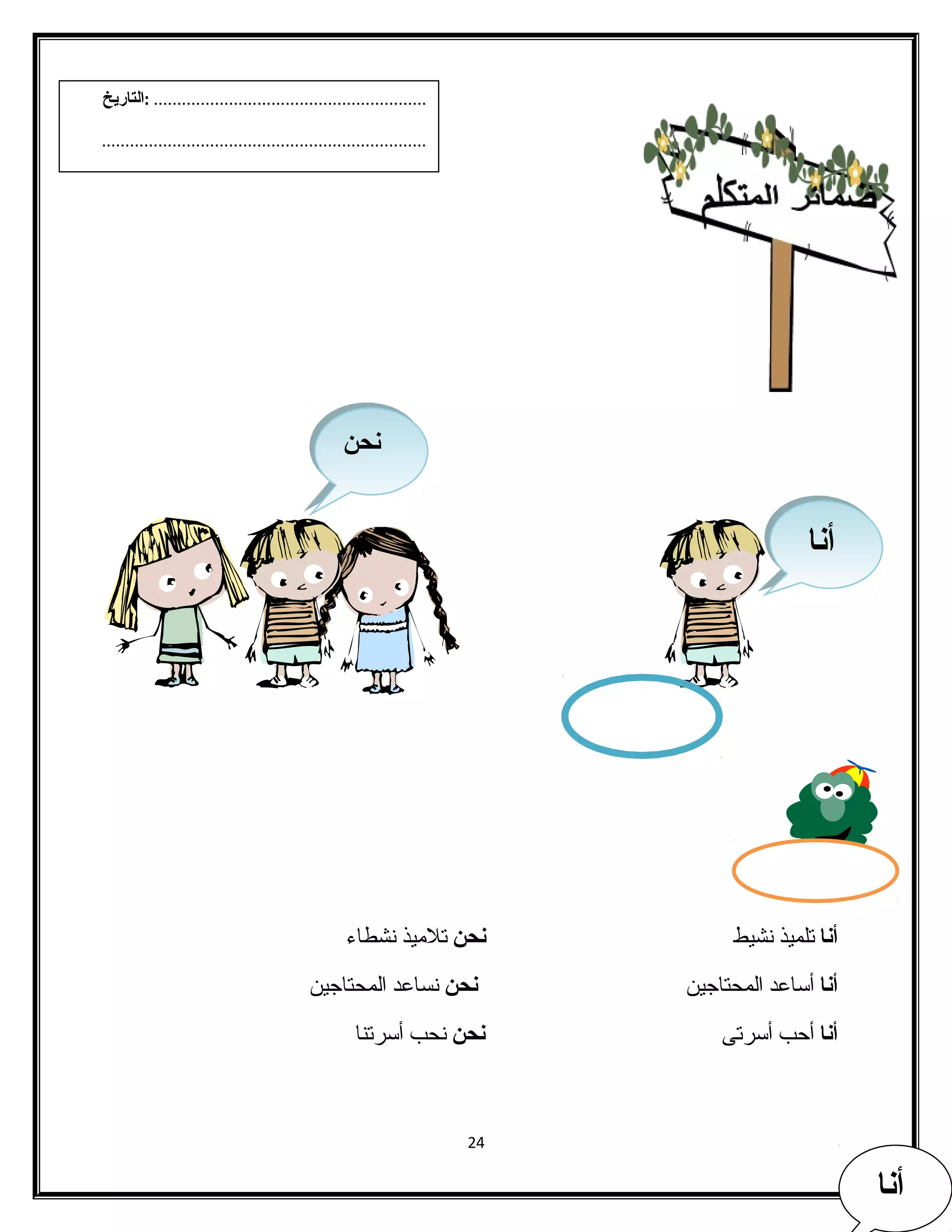 أنا تلميذ نشيط نحن تلميذ نشطاء  
أنا أساعد المحتاجين نحن نساعد المحتاجين 
أنا أحب أسرتى نحن نحب أسرتنا 
24 
ننححنن 
أأنناا 
أأأأأأنننننناااااا 
.......................................................... :التاريخ 
..................................................................... 
 