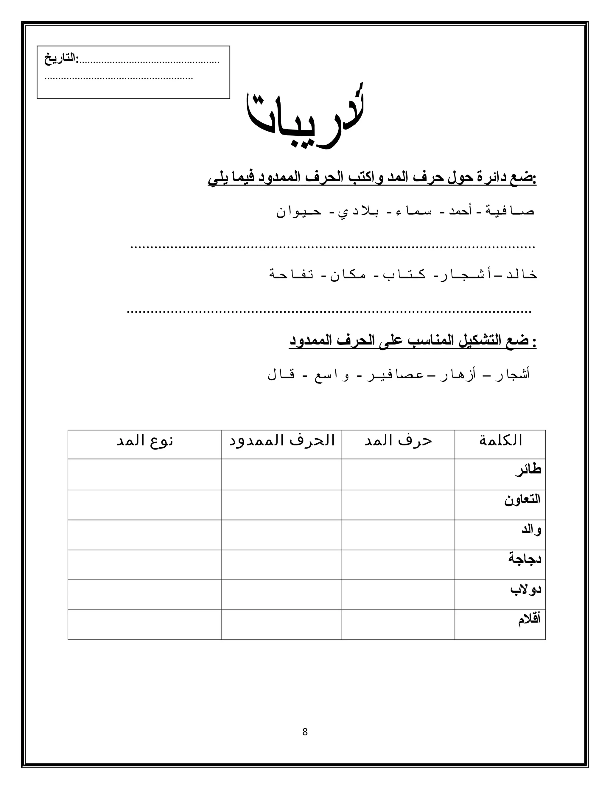 : ضع دائرة حول حرف ا لمد واكتب ا لحرف ا لممدود فيما ي لي 
صــا فـيـة - أحمد - ساـمـا ء - بـل د ي - حــيـوا ن 
..................................................................................................... 
خـا لـد – أ شــجــا ر- كــتــا ب - مـكـا ن - تـفــا حـة 
..................................................................................................... 
: ضع ا لتشكيل ا لمناسمب على ا لحرف ا لممدود 
أشجا ر – أزهـا ر – عـصا فـيــر - و ا ساع - قــا ل 
الكلمة حرف المد الحرف الممدود نوع المد 
طائر 
التعاون 
والد 
دجاجة 
دولب 
أقلم 
8 
...................................................:التاريخ 
...................................................... 
 
