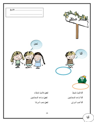 أنا تلميذ نشيط نحن تلميذ نشطاء  
أنا أساعد المحتاجين نحن نساعد المحتاجين 
أنا أحب أسرتى نحن نحب أسرتنا 
24 
ننححنن 
أأنناا 
أأأأأأنننننناااااا 
.......................................................... :التاريخ 
..................................................................... 
 
