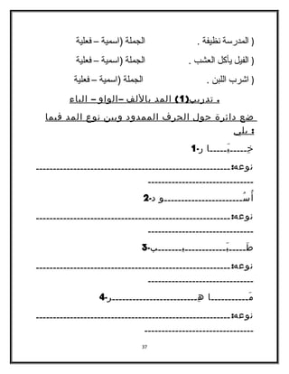 ( المدرسدة نظيفة . الجملة (اسدمية – فعلية 
( الفيل يأكل العشب . الجملة (اسدمية – فعلية 
( اشرب اللبن . الجملة (اسدمية – فعلية 
. تدريب( 1 ) المد باللف – الواو – الياء 
ضع دائرة حول الحرف الممدود وبين نوع المد فيما 
: يلي 
خِـــــيَـــــا ر- 1 
نوعه: ـــــــــــــــــــــــــــــــــــــــــــــــــــــــــ 
ـــــــــــــــــــــــــــــــ 
أُسُـــــــــــــــــــــــو د- 2 
نوعه: ـــــــــــــــــــــــــــــــــــــــــــــــــــــــــ 
ـــــــــــــــــــــــــــــــ 
طَـــــبَــــــــــــيـــــــب- 3 
نوعه: ـــــــــــــــــــــــــــــــــــــــــــــــــــــــــ 
ـــــــــــــــــــــــــــــــ 
مَـــــــــــا هِـــــــــــــــــــــــــر- 4 
نوعه: ـــــــــــــــــــــــــــــــــــــــــــــــــــــــــ 
ــــــــــــــــــــــــــــــــ 
37 
 