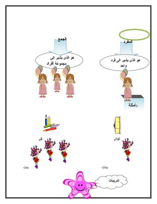 -:أمثلة 
االلججممعع 
أقلم قلم 
بنات بنت 
5 
االلممففرردد 
هو الذى يشير الى فرد 
واحد 
هو الذى يشير إلى 
مجموعة أفراد 
تدريبات 
 