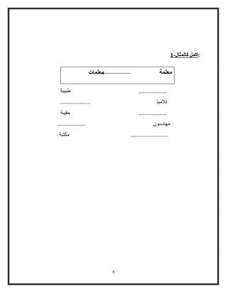 :أ كمل كالمثال - 1 
معلمة معلمات 
................... طبيبة 
تلميذ .................... 
................... حقيبة 
مهندساون ................... 
......................... مكتبة 
6 
 