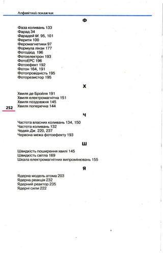 іатнии покажчик 
252 
Фаза коливань 133 
Фарад 34 
Фарадей М. 95, 101 
Ферити 100 
Феромагнетики 97 
Формула лінзи 177 
Фотодіод 196 
Фотоелектрон 193 
Ф0Т0ЕРС196 
Фотоефект 192 
Фотон 164,191 
Фотопровідність 195 
Фоторезистор 195 
Хвиля де Бройля 191 
Хвиля електромагнітна 151 
Хвиля поздовжня 145 
Хвиля поперечна 144 
Частота власних коливань 134, 150 
Частота коливань 132 
ЧедвікДж. 220, 237 
Червона межа фотоефекту 193 
Ш 
Швидкість поширення хвилі 145 
Швидкість світла 169 
Шкала електромагнітних випромінювань 155 
Ядерна модель атома 203 
Ядерна реакція 232 
Ядерниі^ реактор 235 
Ядерні сили 222 
 