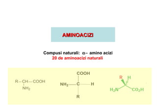 AAMMIINNOOAACCIIZZII 
R CH 
NH2 
Compusi naturali: a- amino acizi 
COOH 
20 de aminoacizi naturali 
COOH 
NH2 C 
H 
R 
 