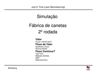 Reimberg 
Just In Time (Lean Manufacturing) 
Simulação 
Fábrica de canetas 
2º rodada 
Valor 
O que o cliente quer? 
Fluxo de Valor 
Identificar o Fluxo 
Eliminar MUDA 
Fluxo Contínuo? 
Takt Time 
Medição (Gemba) 
GBO 
Balanceamento 
 
