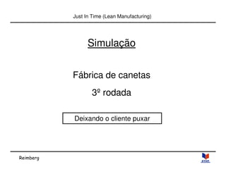 Reimberg 
Just In Time (Lean Manufacturing) 
Simulação 
Fábrica de canetas 
3º rodada 
Deixando o cliente puxar 
 