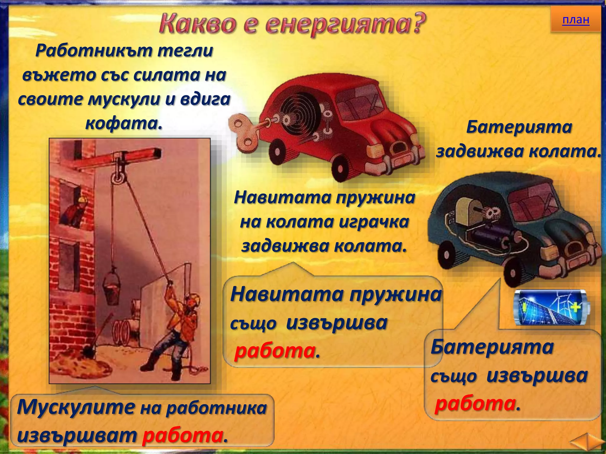 план 
Работникът тегли 
въжето със силата на 
своите мускули и вдига 
кофата. 
Навитата пружина 
на колата играчка 
задвижва колата. 
Навитата пружина 
също извършва 
работа. 
Мускулите на работника 
извършват работа. 
Батерията 
задвижва колата. 
Батерията 
също извършва 
работа. 
 