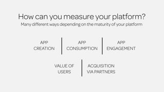 How can you measure your platform? 
Many different ways depending on the maturity of your platform 
APP 
CREATION 
APP 
CONSUMPTION 
APP 
ENGAGEMENT 
VALUE OF 
USERS 
ACQUISITION 
VIA PARTNERS 
 