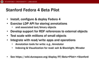 Stanford Fedora 4 Beta Pilot 
• Install, configure & deploy Fedora 4 
• Exercise LDP API for storing annotations 
• and as...