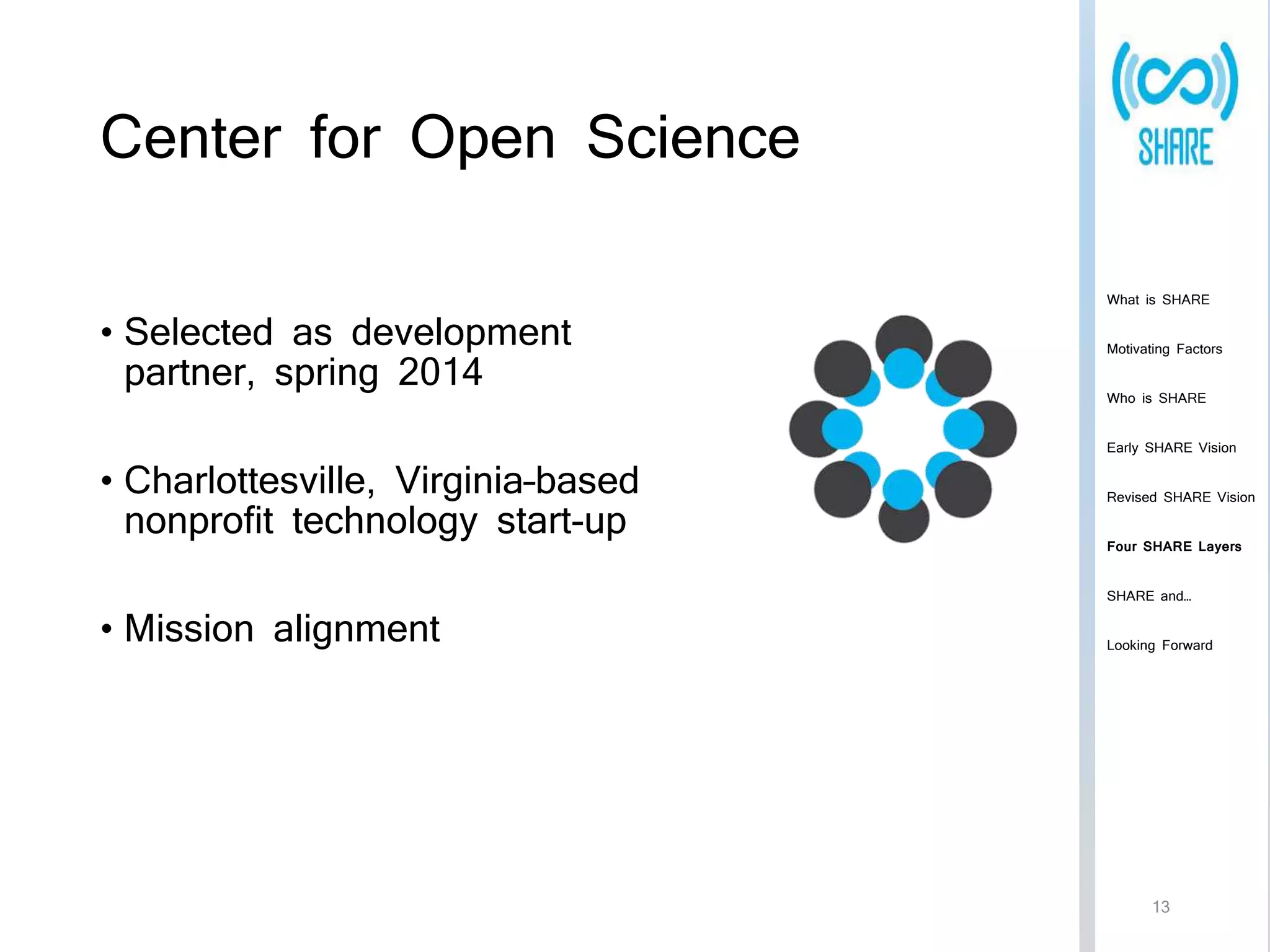 Center for Open Science 
• Selected as development 
partner, spring 2014 
• Charlottesville, Virginia–based 
nonprofit technology start-up 
• Mission alignment 
What is SHARE 
Motivating Factors 
Who is SHARE 
Early SHARE Vision 
Revised SHARE Vision 
Four SHARE Layers 
SHARE and… 
Looking Forward 
13 
 