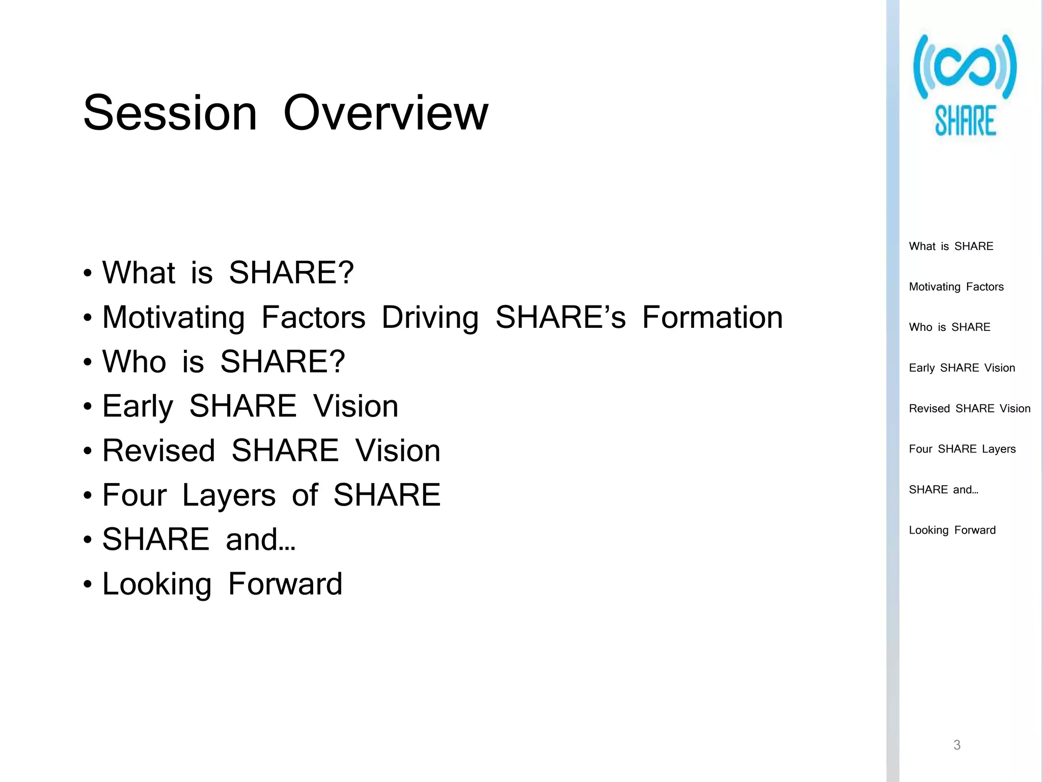 Session Overview 
What is SHARE 
Motivating Factors 
Who is SHARE 
Early SHARE Vision 
Revised SHARE Vision 
Four SHARE Layers 
SHARE and… 
Looking Forward 
• What is SHARE? 
• Motivating Factors Driving SHARE’s Formation 
• Who is SHARE? 
• Early SHARE Vision 
• Revised SHARE Vision 
• Four Layers of SHARE 
• SHARE and… 
• Looking Forward 
3 
 