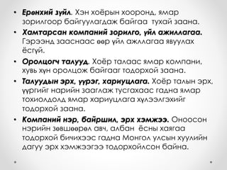 • Ерөнхий зүйл. Хэн хоёрын хооронд, ямар
зорилгоор байгуулагдаж байгаа тухай заана.
• Хамтарсан компаний зорилго, үйл ажиллагаа.
Гэрээнд зааснаас өөр үйл ажллагаа явуулах
ёсгүй.
• Оролцогч талууд. Хоёр талаас ямар компани,
хувь хүн оролцож байгааг тодорхой заана.
• Талуудын эрх, үүрэг, хариуцлага. Хоёр талын эрх,
үүргийг нарийн зааглаж тусгахаас гадна ямар
тохиолдолд ямар хариуцлага хүлээлгэхийг
тодорхой заана.
• Компаний нэр, байршил, эрх хэмжээ. Оноосон
нэрийн зөвшөөрөл авч, албан ёсны хаягаа
тодорхой бичихээс гадна Монгол улсын хуулийн
дагуу эрх хэмжээгээ тодорхойлсон байна.
 