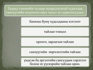 Гадаад түншийн талаар шаардлагатай худалдаа,
санхүүгийн мэдээлэл авах чухал эх сурвалжуудад :
банкны буюу худалдааны илгээлт
тайлан тэнцэл
орлого, зарлагын тайлан
санхүүгийн өөрчлөлтийн тайлан
үндсэн ба эргэлтийн сангуудын хэрэглээ
болон эх үүсвэрийн тайлан орно.
 