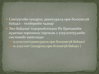  Санхүүгийн хүндрэл, дампууралд орж болзошгүй
байдал – төлбөрийн чадвар
 Энэ байдлыг тодорхойлохдоо Их Британийн
аудитын хорооноос гаргасан 2 үзүүлэлтүүдийн
системийг ашигладаг.
 15 үзүүлэлт(дампууралд орж болзошгүй байдал)
 10 үзүүлэлт (хүндрэлд орж бозошгүй байдал )
 