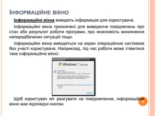 ІНФОРМАЦІЙНЕ ВІКНО 
Інформаційні вікна виводять інформацію для користувача. 
Інформаційні вікна призначені для виведення повідомлень про 
стан або результат роботи програми, про можливість виникнення 
непередбачених ситуацій тощо. 
Інформаційні вікна виводяться на екран операційною системою 
без участі користувача. Наприклад, під час роботи може з’явитися 
таке інформаційне вікно: 
Щоб користувач міг реагувати на повідомлення, інформаційне 
вікно має відповідні кнопки. 
8 
 