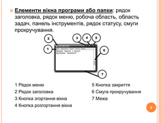  Елементи вікна програми або папки: рядок 
заголовка, рядок меню, робоча область, область 
задач, панель інструментів, рядок статусу, смуги 
прокручування. 
1 Рядок меню 5 Кнопка закриття 
2 Рядок заголовка 6 Смуга прокручування 
3 Кнопка згортання вікна 7 Межа 
4 Кнопка розгортання вікна 
9 
 