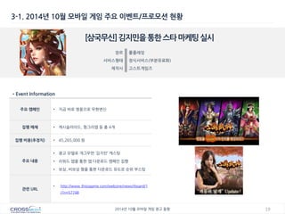 19 
2014년 10월 모바일 게임 광고 동향 
3-1. 2014년 10월 모바일 게임 주요 이벤트/프로모션 현황 
[삼국무신] 김지민을 통한 스타 마케팅 실시 
장르 
롤플레잉 
서비스형태 
정식서비스(부분유료화) 
제작사 
고스트게임즈 
•Event Information 
주요 캠페인 
•지금 바로 영웅으로 무한변신 
집행 매체 
•캐시슬라이드, 헝그리앱 등 총 4개 
집행 비용(추정치) 
•45,265,000 원 
주요 내용 
•광고 모델로 개그우먼 ‘김지민’ 캐스팅 
•리워드 앱을 통한 앱 다운로드 캠페인 집행 
•보상, 비보상 형을 통한 다운로드 유도로 순위 부스팅 
관련 URL 
•http://www.thisisgame.com/webzine/news/rboard/1/?n=57748  