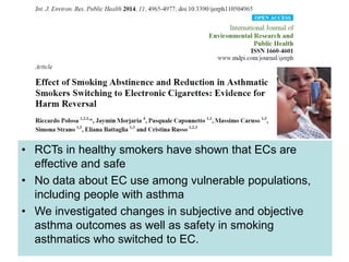 •RCTs in healthy smokers have shown that ECs are effective and safe 
•No data about EC use among vulnerable populations, including people with asthma 
•We investigated changes in subjective and objective asthma outcomes as well as safety in smoking asthmatics who switched to EC.  