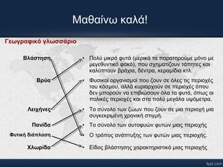 Μαθαίνω καλά! 
Γεωγραφικό γλωσσάριο 
Βλάστηση • Πολύ μικρά φυτά (μερικά τα παρατηρούμε μόνο με 
μεγεθυντικό φακό), που σχηματίζουν τάπητες και 
καλύπτουν βράχια, δέντα, κεραμίδια κτλ. 
Βρύα • Φυσικοί οργανισμοί που ζουν σε όλες τις περιοχές 
του κόσμου, αλλά κυριαρχούν σε περιοχές όπου 
δεν μπορούν να επιβιώσουν όλα τα φυτά, όπως οι 
πολικές περιοχές και στα πολύ μεγάλα υψόμετρα. 
Λειχήνες • Το σύνολο των ζώων που ζουν σε μια περιοχή μια 
συγκεκριμένη χρονική στιγμή. 
Πανίδα • Το σύνολο των αυτοφυών φυτών μιας περιοχής 
Φυτική διάπλαση • Ο τρόπος ανάπτυξης των φυτών μιας περιοχής. 
Χλωρίδα • Είδος βλάστησης χαρακτηριστικό μιας περιοχής 
 