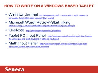 HOW TO WRITE ON A WINDOWS BASED TABLET 
 Windows Journal http://windows.microsoft.com/en-ca/windows7/create-and-personalize- 
handwritten-notes-using-windows-journal 
 Microsoft Word>Review>Start inking 
https://www.eng.vt.edu/sites/default/files/pageattachments/Inking+in+Office.pdf 
 OneNote http://office.microsoft.com/en-us/onenote/ 
 Tablet PC Input Panel http://windows.microsoft.com/en-us/windows7/using-the- 
writing-pad-and-touch-keyboard-in-tablet-pc-input-panel 
 Math Input Panel http://windows.microsoft.com/en-us/windows7/use-math-input- 
panel-to-write-and-correct-math-equations 
 