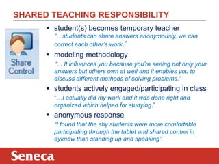 SHARED TEACHING RESPONSIBILITY 
 student(s) becomes temporary teacher 
“…students can share answers anonymously, we can 
correct each other’s work.” 
 modeling methodology 
“... It influences you because you’re seeing not only your 
answers but others own at well and it enables you to 
discuss different methods of solving problems.” 
 students actively engaged/participating in class 
“…I actually did my work and it was done right and 
organized which helped for studying.” 
 anonymous response 
“I found that the shy students were more comfortable 
participating through the tablet and shared control in 
dyknow than standing up and speaking”. 
 