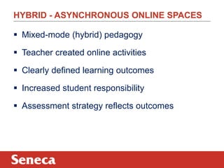 HYBRID - ASYNCHRONOUS ONLINE SPACES 
 Mixed-mode (hybrid) pedagogy 
 Teacher created online activities 
 Clearly defined learning outcomes 
 Increased student responsibility 
 Assessment strategy reflects outcomes 
 
